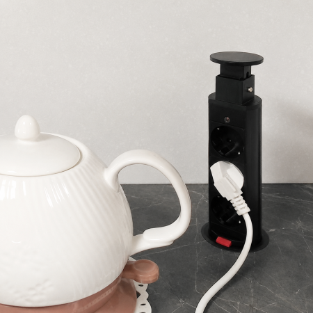 Блок розеток выдв. верт. POP UP Compact, 3 розетки EURO 250В max 3.5кВт. 2USB max 2.1A Черный (GLS)