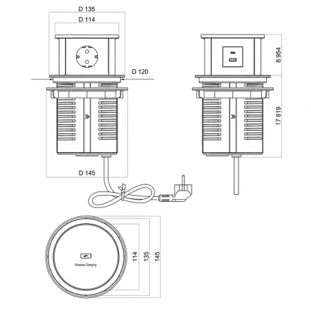 Блок розеток выдв. вертик. POP UP ELIT GLASS, 3 розетки EURO 220В max 3.5кВт, Черн.(GLS)