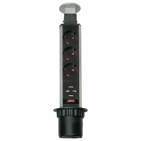 Блок розеток выдв. верт. POP UP Compact, 3 розетки EURO 250В max 3.5кВт. 2USB max 2.1A Серебр. (GLS)