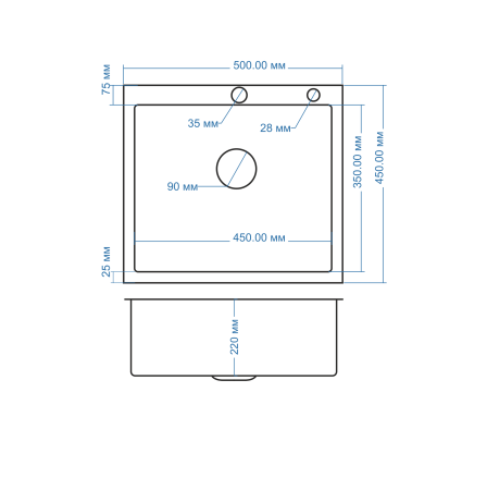 Мойка AMOLLET (500*450*220 мм.) толщина 3 мм. дно 1.2 мм. (Сатин)