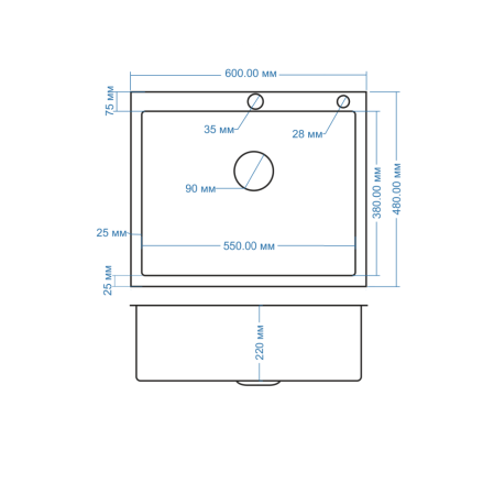 Мойка AMOLLET (600*480*220 мм.) толщина 3 мм. дно 1.2 мм. (Графит)