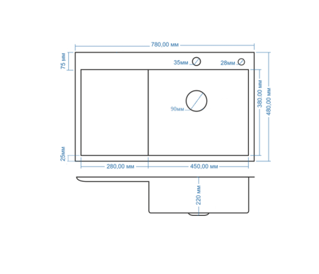 Мойка AMOLLET R-правая (780*480*220 мм.) толщина 3 мм. дно 1.2 мм. (Сатин)